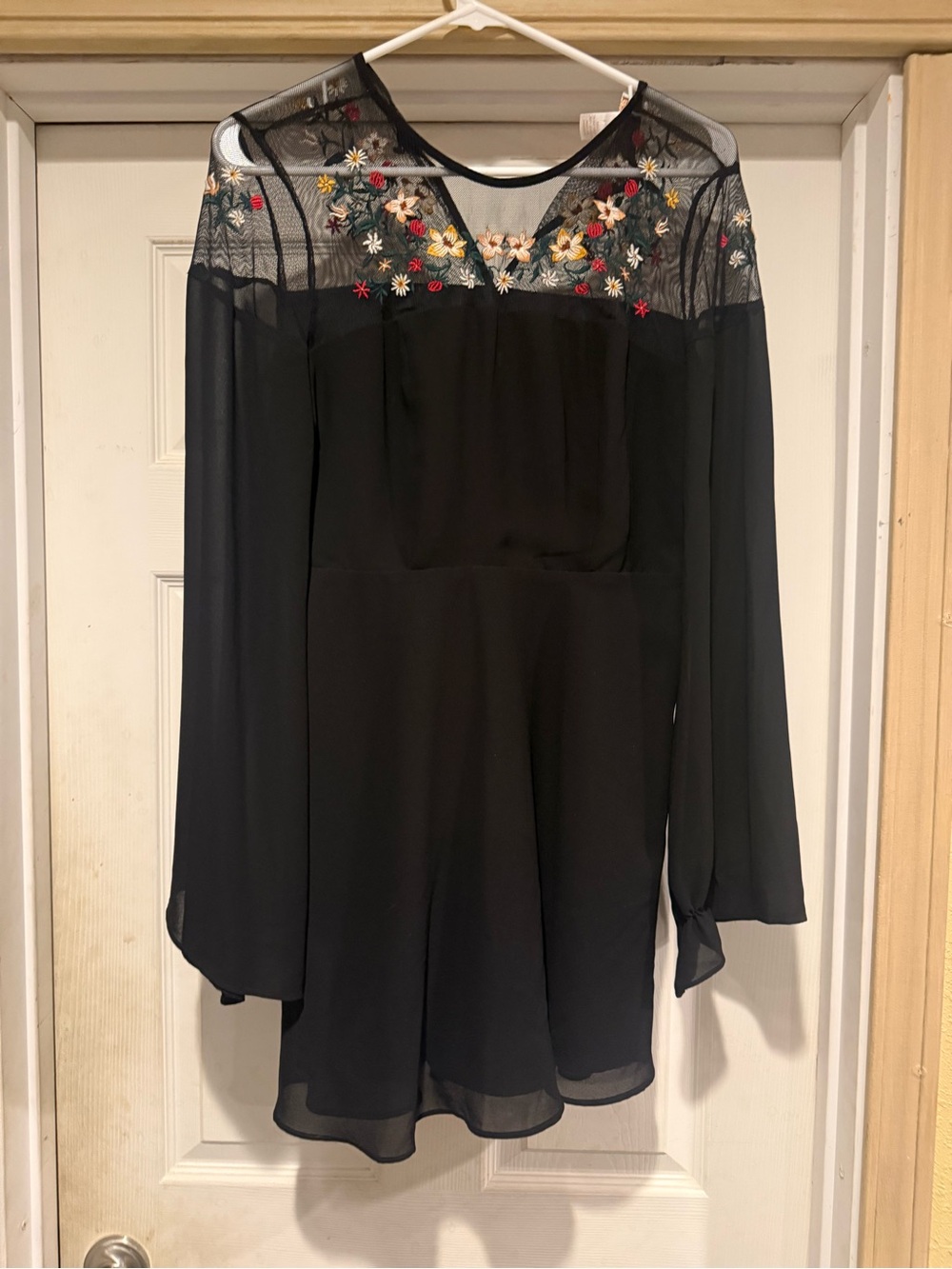 Black Floral Mesh Yoke Long-Sleeve Dress